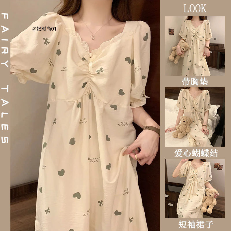 2024 new nightdress women‘s pajamas summer sweet bow ruffled thin girl‘s homewear can be worn outside