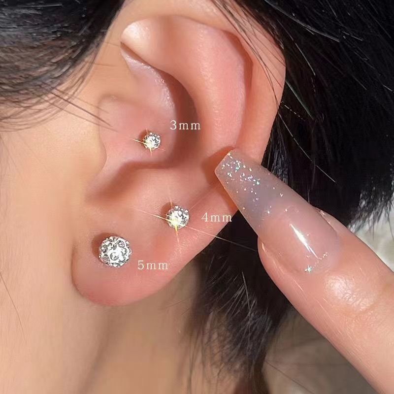 double-headed diamond ball ear stud women‘s ear-caring ear bone stud niche high sense zircon ear bone pin diamond earrings silver earrings