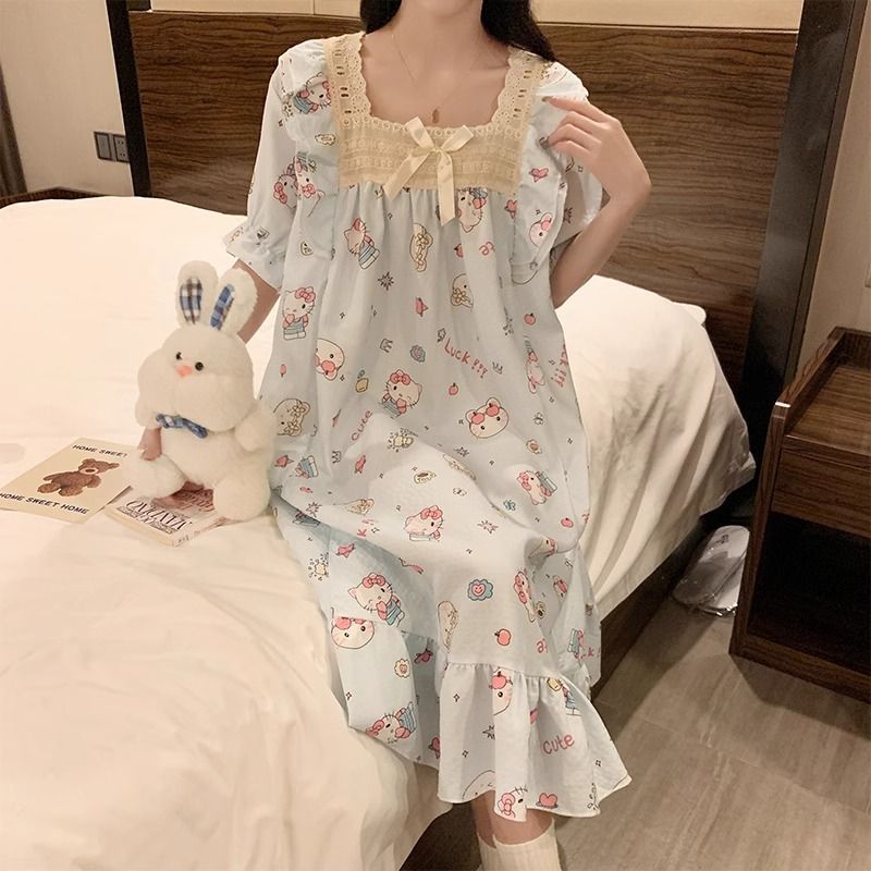 short-sleeved nightdress for women summer 2024 new sweet cartoon cute hello kitty girl pajamas spring and autumn day home wear thin