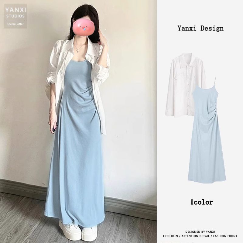 small blue sling dress women‘s clothing 2024 early spring new summer suit seaside holiday dress