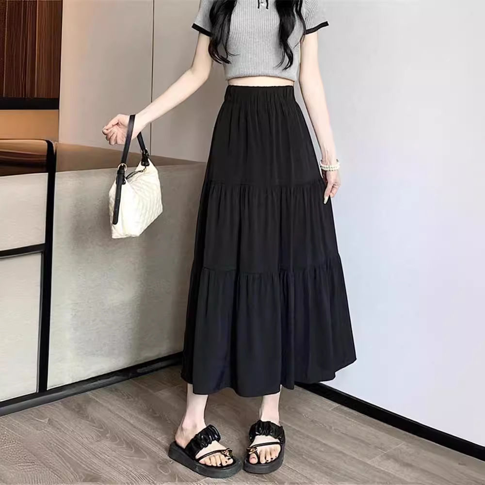 black chiffon skirt for women spring summer new skirt high waist a- line cake dress all-match half-length mid-length skirt