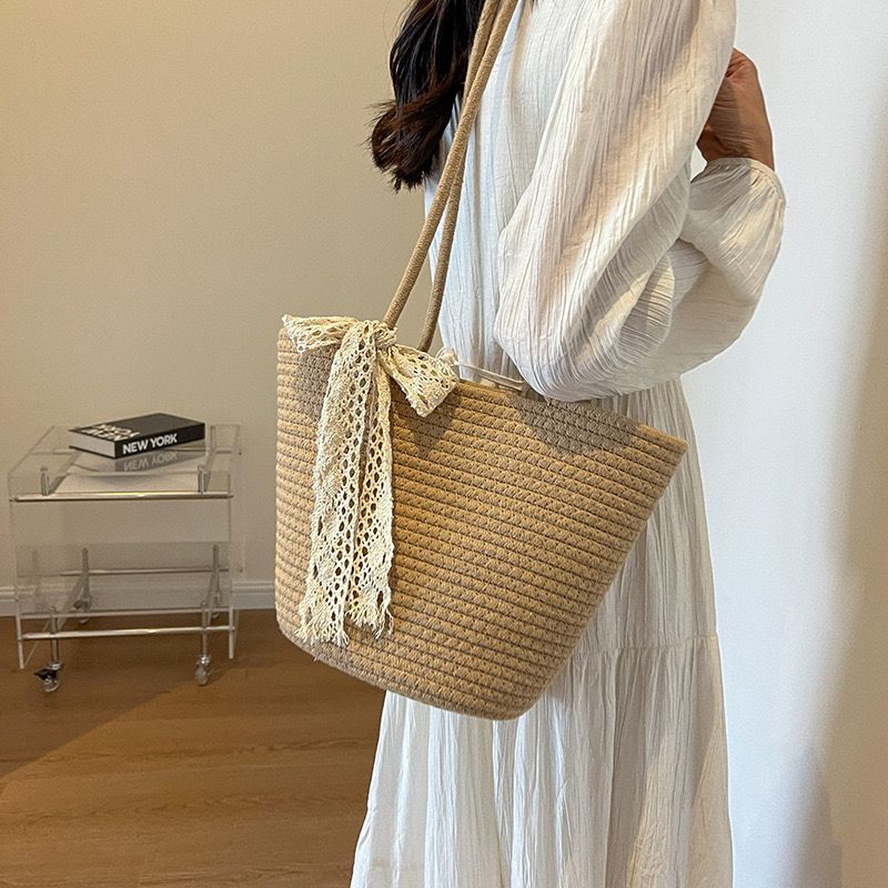 fashion retro straw bag seaside vacation style beach tote large capacity handmade cotton string bucket bag artistic small bag