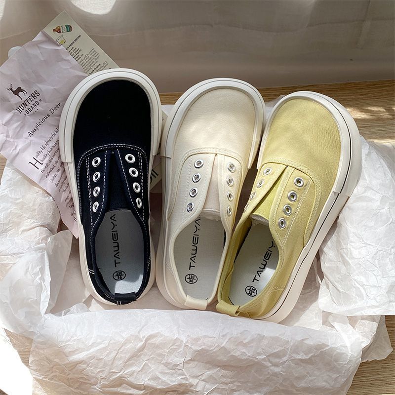 mango head canvas shoes for women 2024 summer thin breathable one pedal board shoes thick bottom korean style versatile white shoes