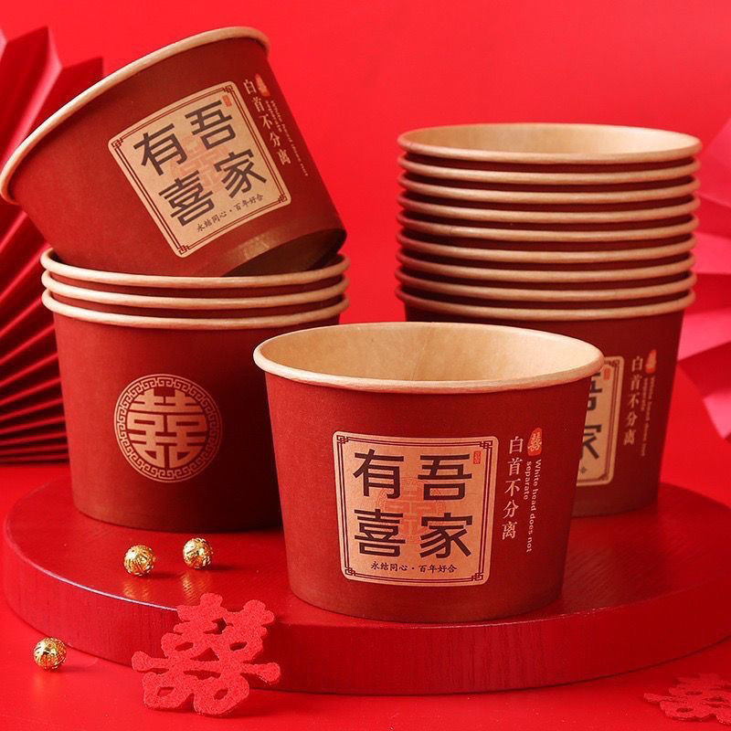 wedding disposable natural color paper bowl wedding banquet dinner red festive thickened bowl paper cup wedding supplies