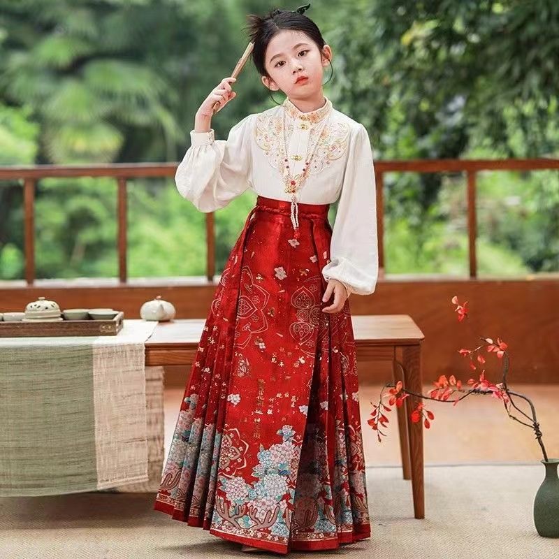 children‘s horse-face skirt female 2024 new ancient costume han chinese clothing suits chinese style tang suit girl‘s ancient embroidery shirt