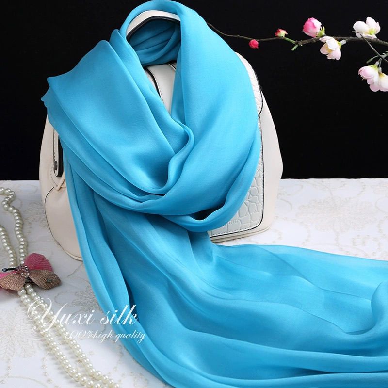 solid blue satin mixed mulberry silk long silk scarf shawl women‘s thin scarf spring summer silk scarf