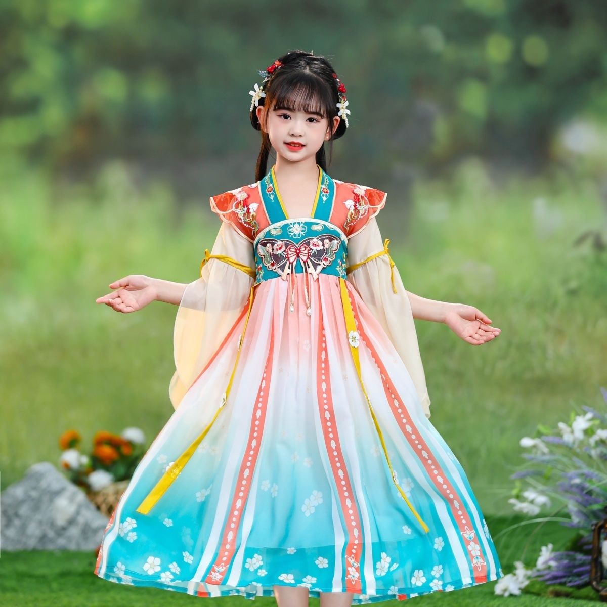 girls‘ han chinese costume summer 2024 new chinese style children‘s ancient costume super fairy tang suit girl ancient style dress summer