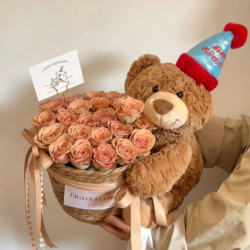 preserved fresh flower doll bear holding bouquet birthday gift for girls teddy bear flower pot girlfriend girlfriends colleague