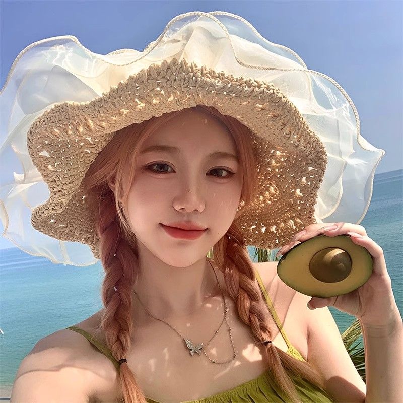 ins elegant lace big brim face-looking straw hat female summer vacation seaside beach sun protection sun hat female