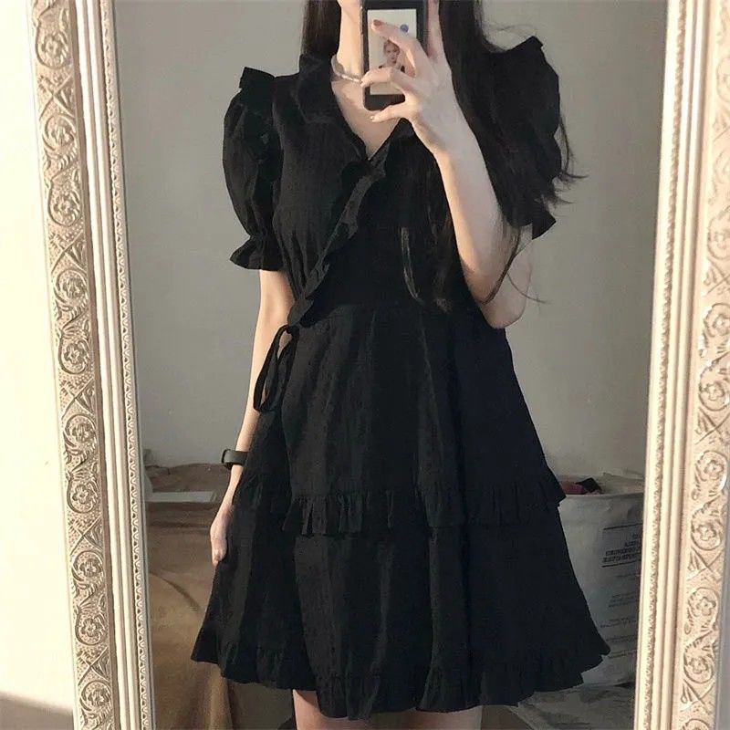 korean style retro elegant little black dress wooden ear doll collar waist slimming dress female student summer a- line skirt