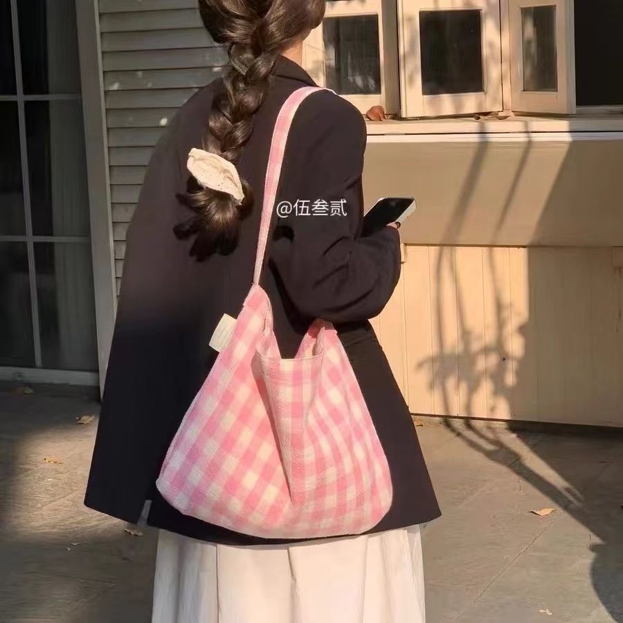 original spring overture pink plaid cotton canvas bag casual all-match shoulder bag milk blue plaid tote bag