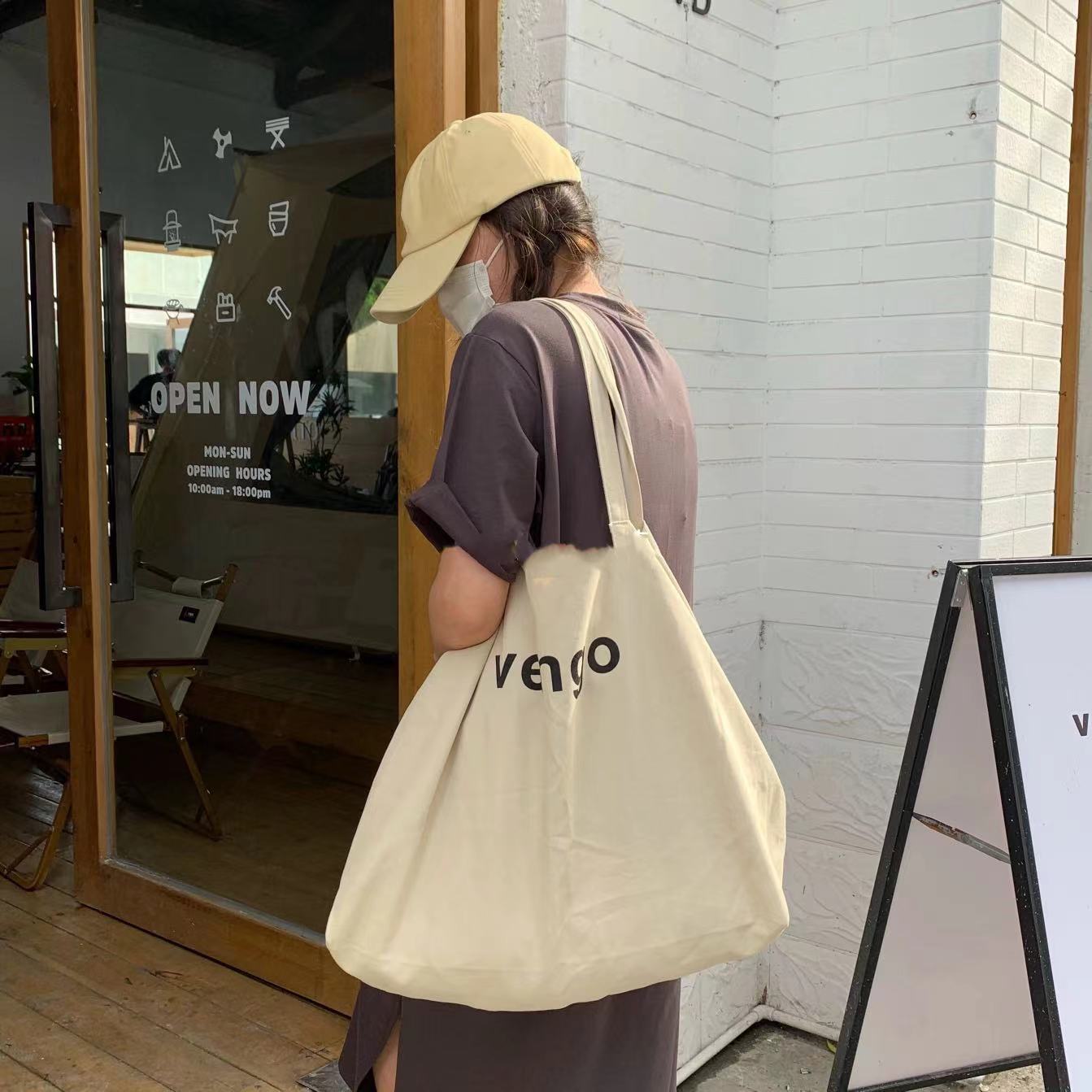 advanced gray large capacity shoulder bag japanese and korean ins style simple letter canvas bag tote bag lazy style cloth bag