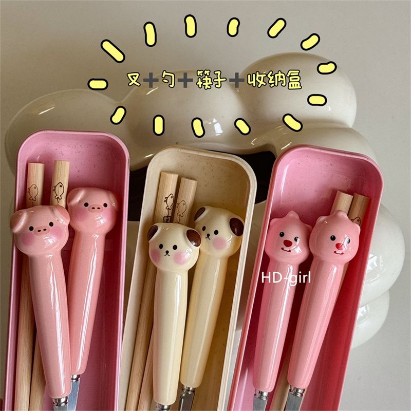 cute cartoon ins spoon stainless steel animal chopsticks student couple comes with portable tableware suit