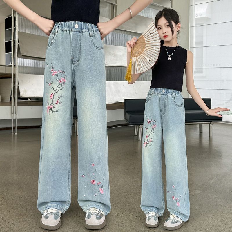 girls‘ pants 2024 new summer thin jeans middle and big children summer embroidered flower wide-leg pants 4-15 years old