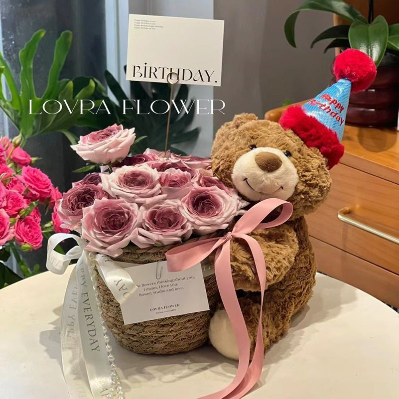 520 valentine‘s day preserved fresh flower doll bear holding bouquet birthday gift for girls girlfriends teddy bear flower pot