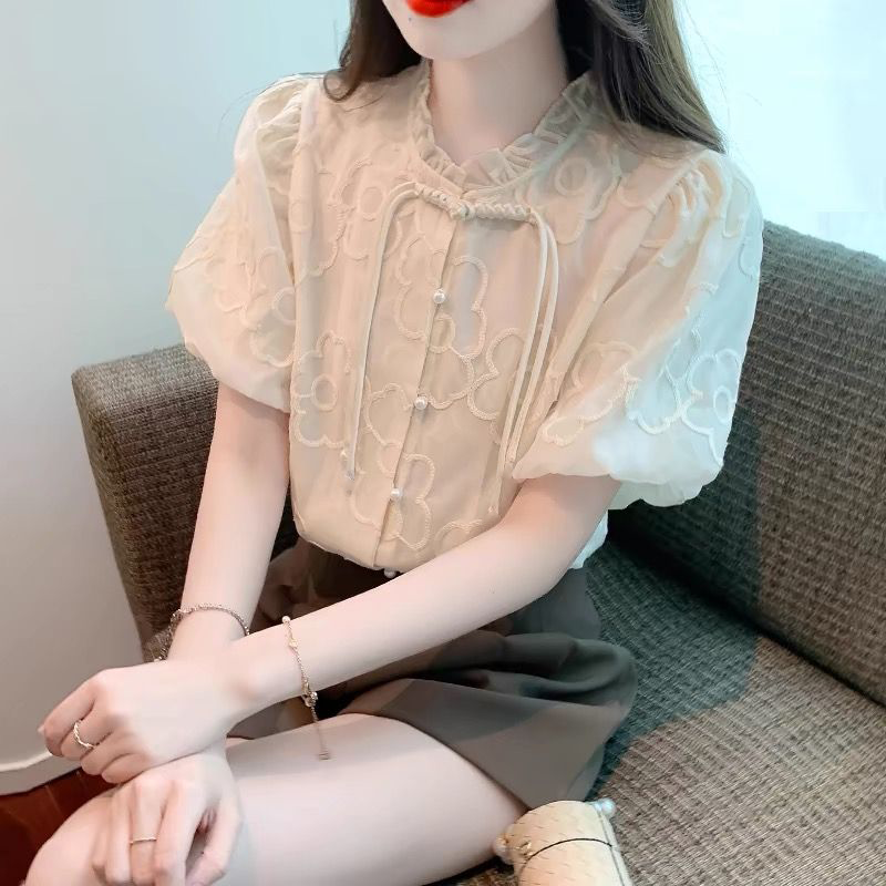 summer new chinese style short sleeve chiffon shirt women‘s clothes 2024 new puff sleeve classic style western style youthful-looking small shirt