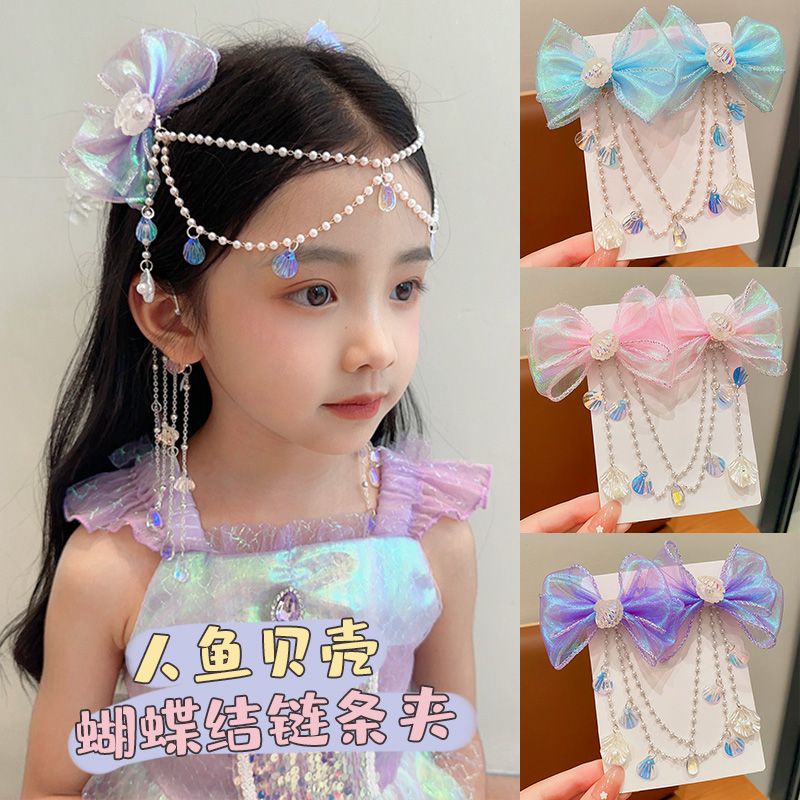 children‘s bow forehead lace forehead ornament little girl pearl tassel hairpin girl mermaid shell hanging ear hair accessories