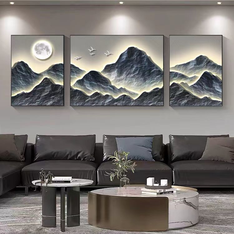 light luxury living room decoration hanging painting atmospheric back with mountains three-piece painting high quality sofa background wall mural meaning