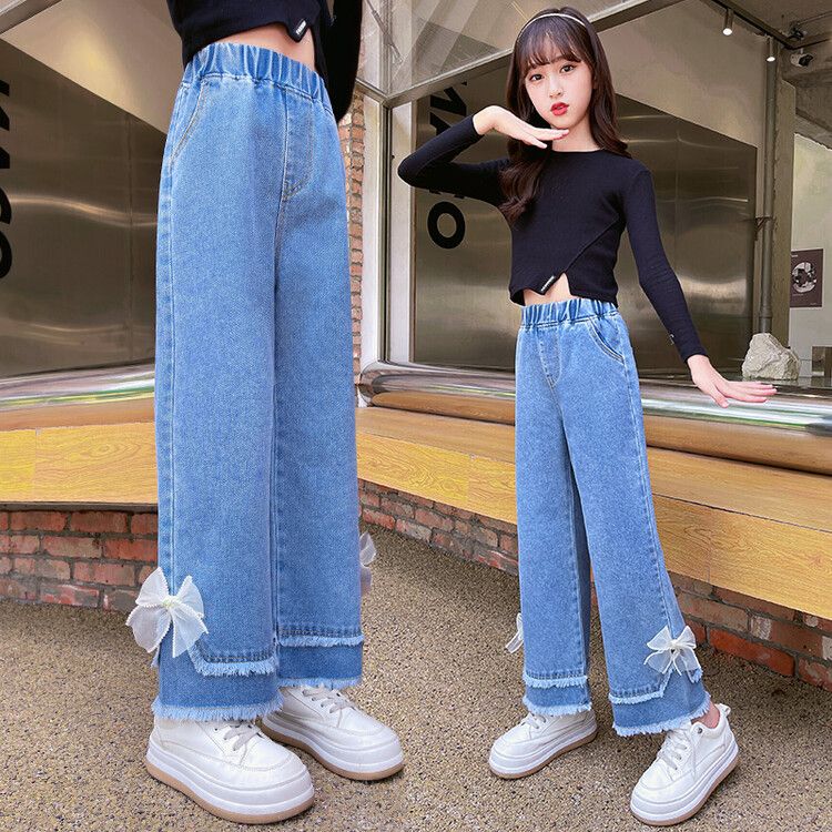 Girl's Pants 2024 New Spring and Autumn Clothing Fashion Jeans Trousers Loose Children's Medium and Big Children's Spring Wide-Leg Pants