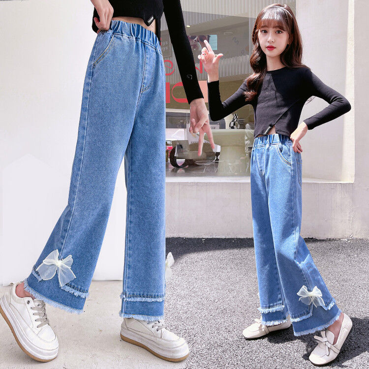 Girl's Pants 2024 New Spring and Autumn Clothing Fashion Jeans Trousers Loose Children's Medium and Big Children's Spring Wide-Leg Pants