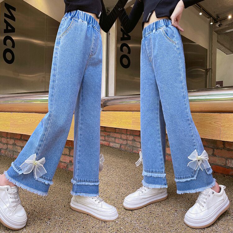 Girl's Pants 2024 New Spring and Autumn Clothing Fashion Jeans Trousers Loose Children's Medium and Big Children's Spring Wide-Leg Pants