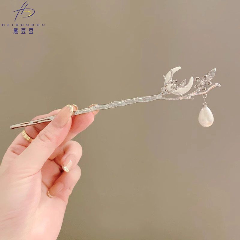 flower front and moon tassel ancient style cool pearl hairpin advanced metal updo pin hanfu chinese style cheongsam headdress