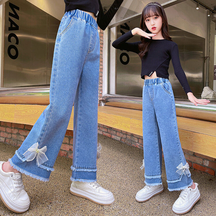 Girl's Pants 2024 New Spring and Autumn Clothing Fashion Jeans Trousers Loose Children's Medium and Big Children's Spring Wide-Leg Pants