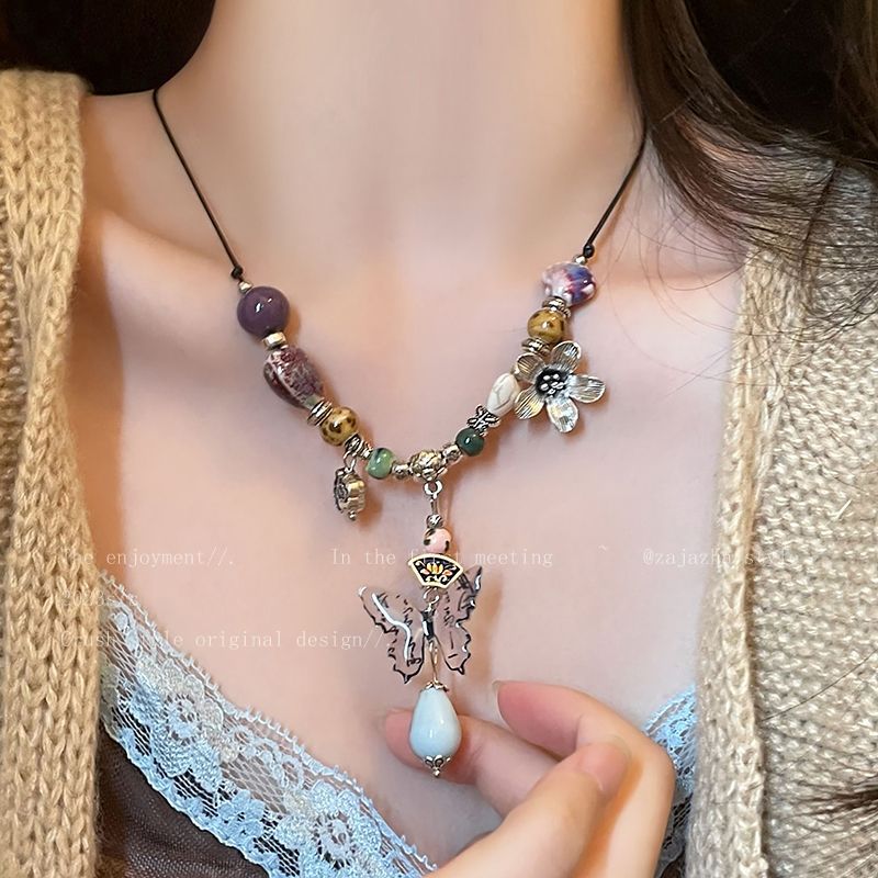 early autumn ~ new chinese love ceramic beaded necklace women‘s retro braided rope accessories ethnic zen clavicle chain