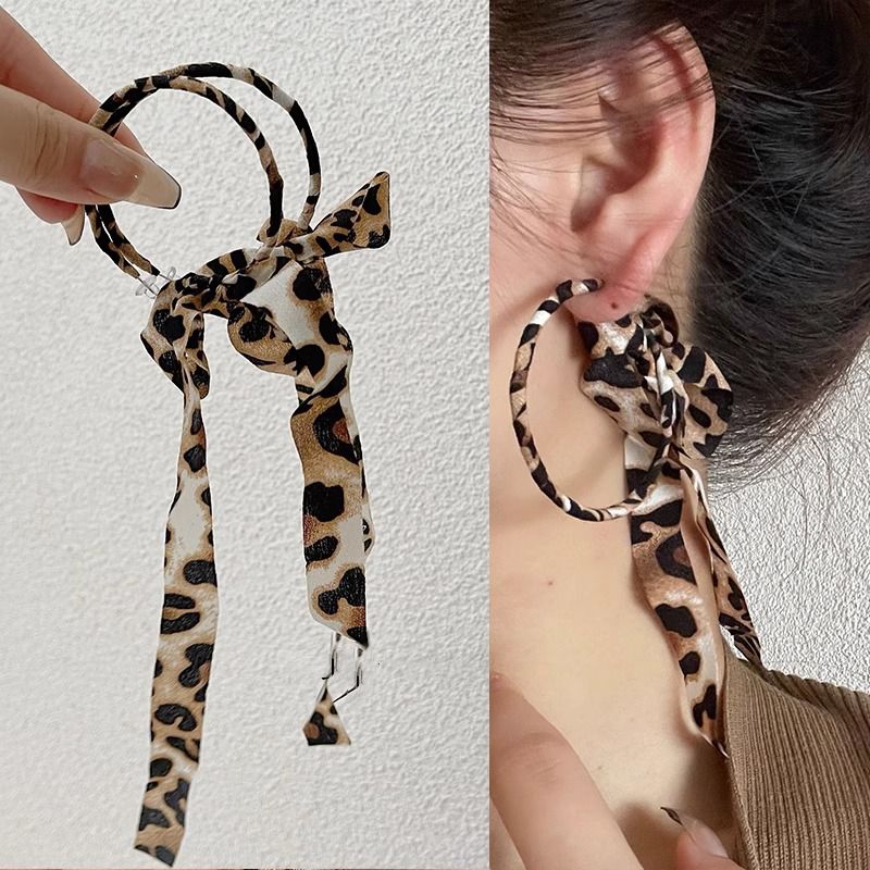 sterling silver stud earrings european and american exaggerated leopard ribbon earrings new wild fashionable fabric strap big circle earrings