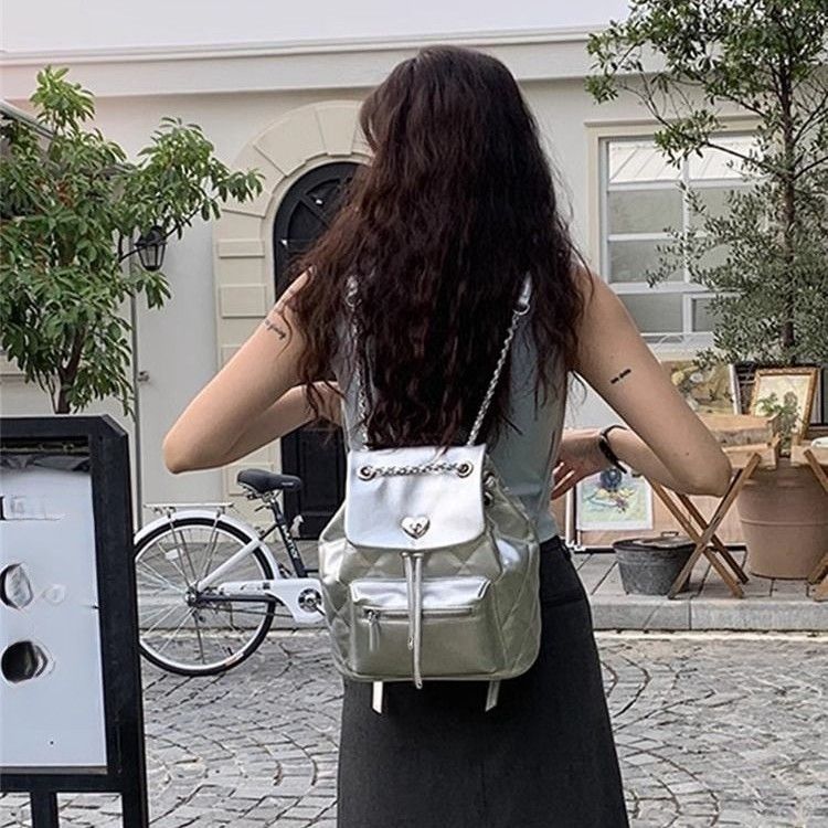 trendy cool silver backpack bags female 2024 new trendy classic style rhombus backpack all-matching travel one shoulder bag