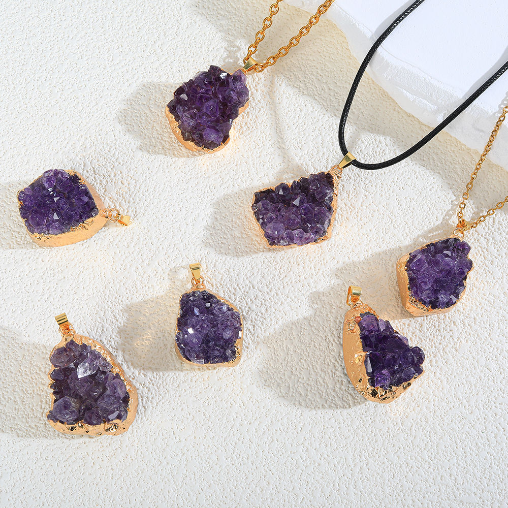 irregular amethyst pendant natural crystal gravel gold-plated edging necklace amethyst clusters rough stone pendant