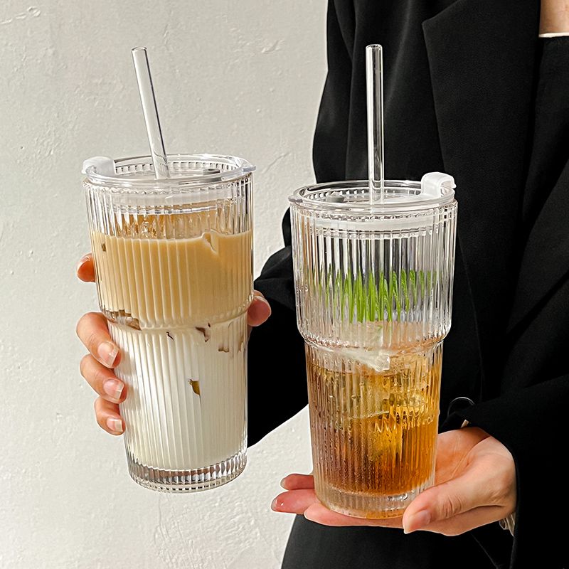 good-looking cool drinks cup juice coffee cup with lid and straw vertical stripes glass cup ins style large capacity