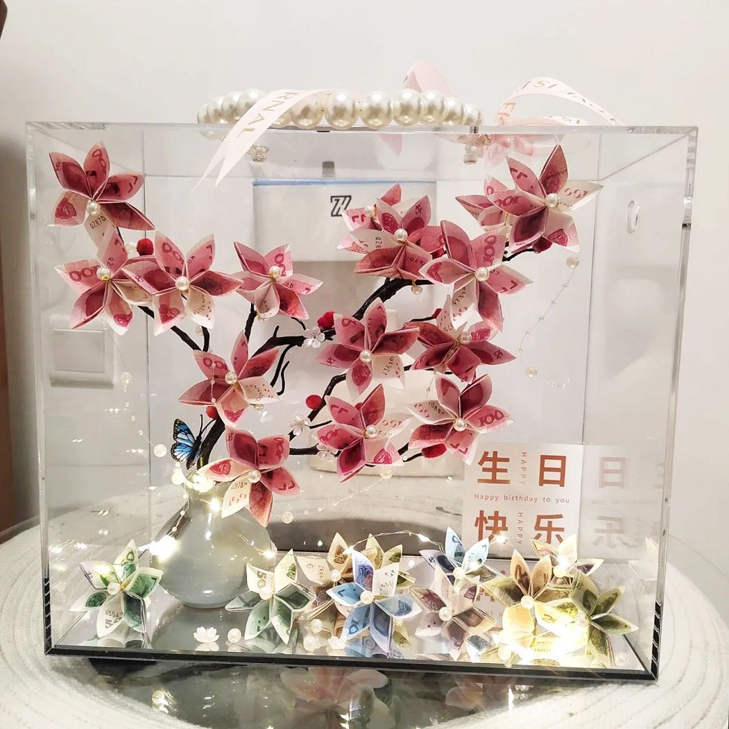 tiktok same style pachira macrocarpa rich flower material package pearl acrylic portable box 520 valentine‘s day birthday gift