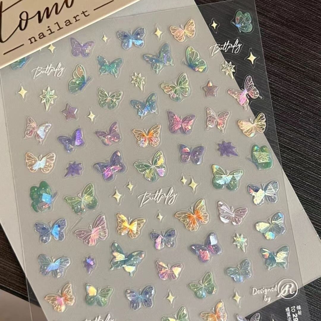 xiaohongshu popular butterfly wing streamer stickers advanced flat nail stickers colorful butterfly fairy nail stickers