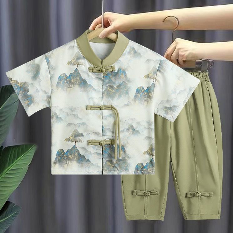 hanfu children‘s men‘s summer thin children‘s chinese style tang suit retro style men‘s treasure chinese style two-piece set baby summer