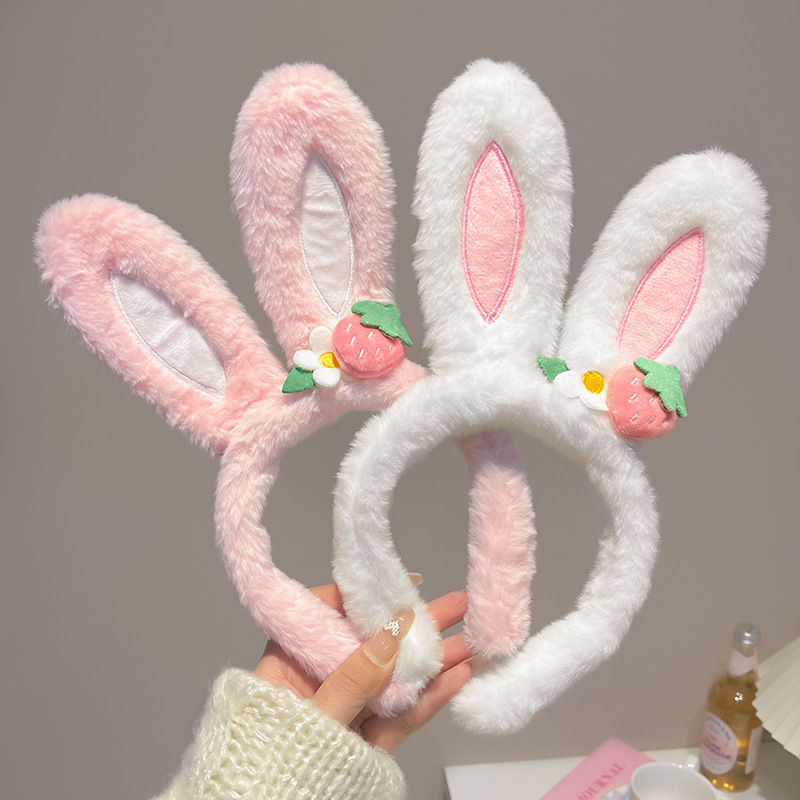 cute strawberry flower rabbit ear headband women‘s winter plush hair band children hair tie hair clip headdress