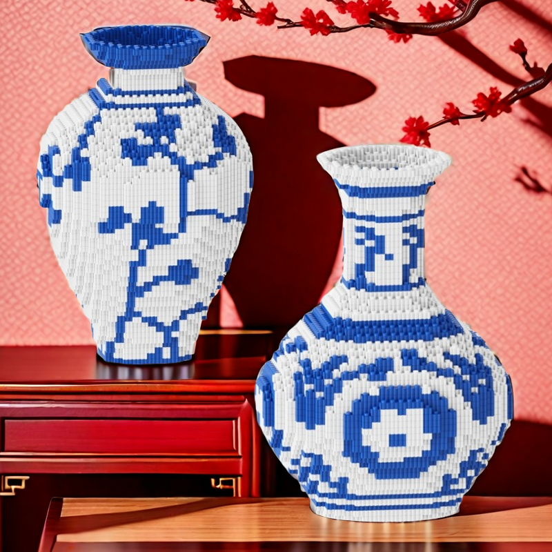 compatible with lego building blocks blue and white porcelain vase puzzle toys antique style ornaments living room flower arrangement decoration holiday gifts