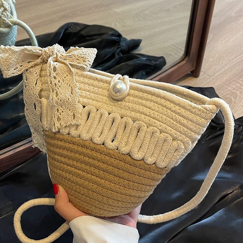 women‘s woven bag holiday straw bag pearl western style messenger bag internet celebrity ins bucket bag handmade summer little fresh