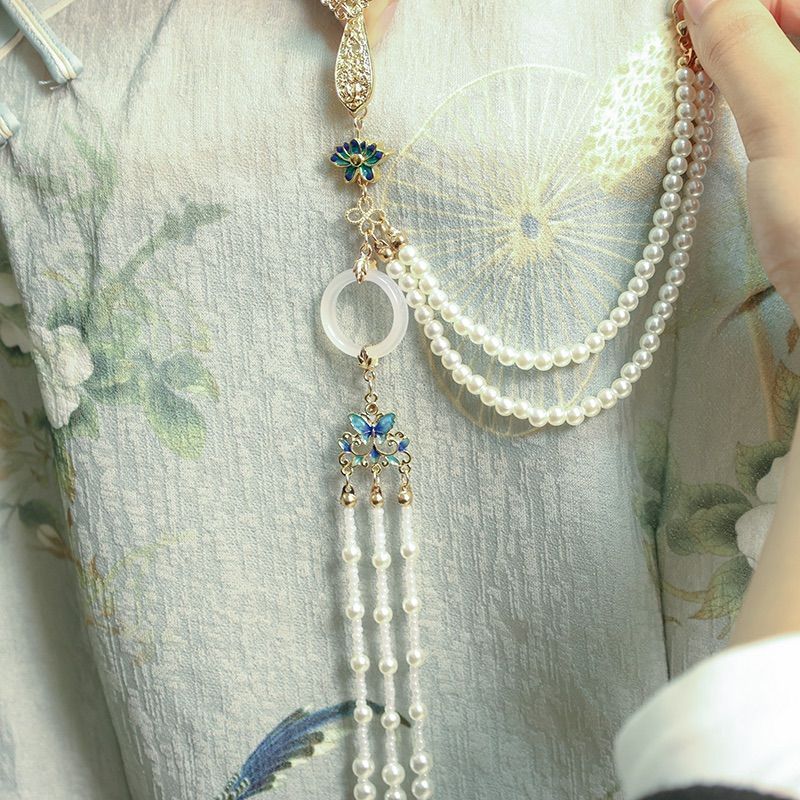 ancient style han chinese clothing cheongsam tea clothing overlapping-weight accessories national style retro ornament butterfly pearl long fringe brooch pendant