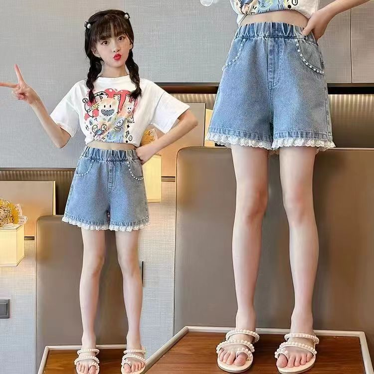 girls‘ denim shorts 2024 new western style children thin high waist ripped medium and big children casual outdoor loose pants