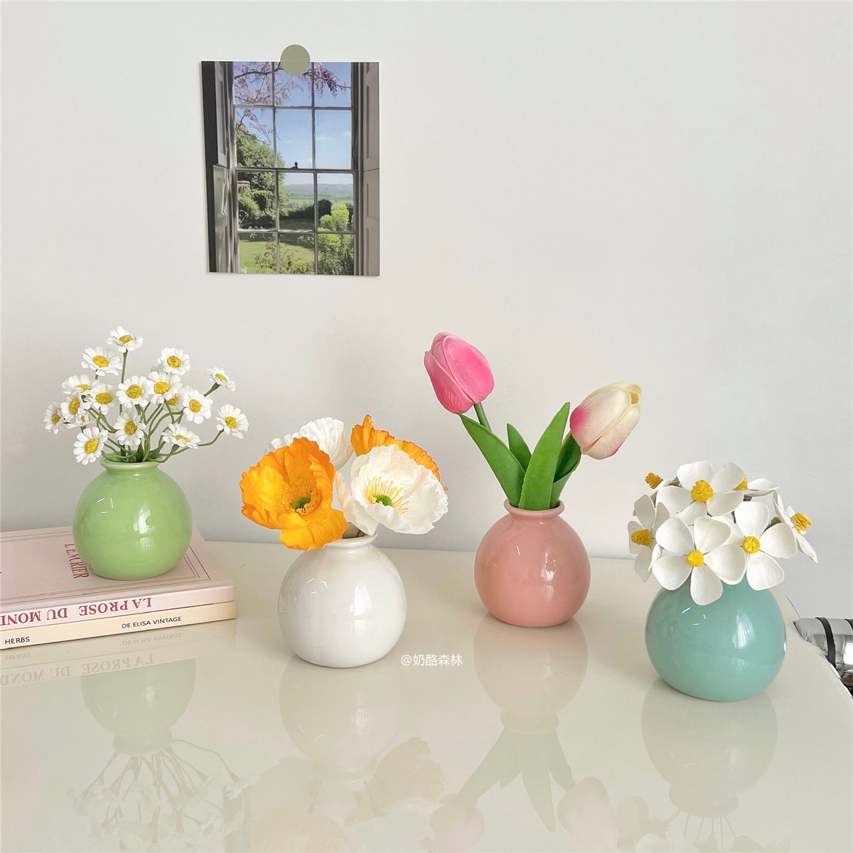 ins style wide mouth color ceramic small vase tiktok artificial flower suit holiday decoration desktop mini small ornaments