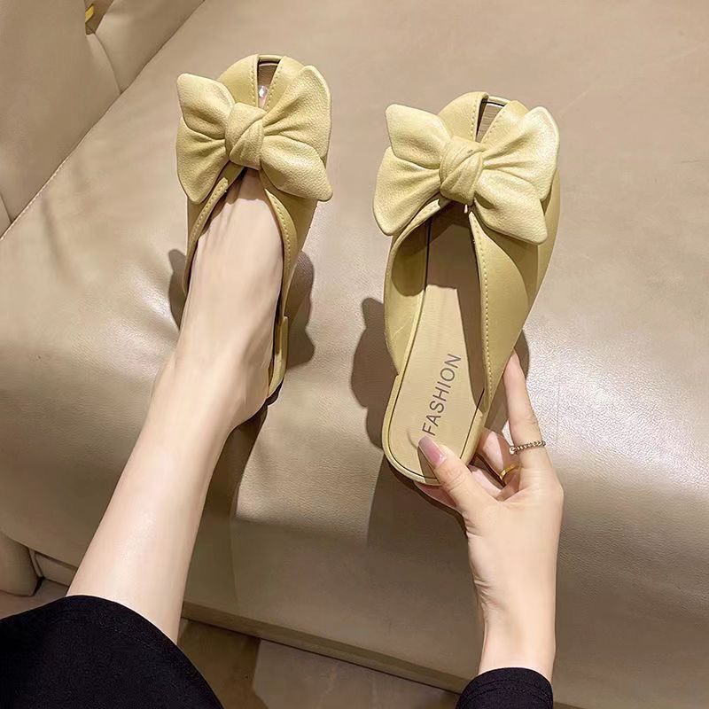 2024 new fashion flat fairy all-matching toe cap semi slipper women‘s outer wear summer versatile bow closed toe sandals