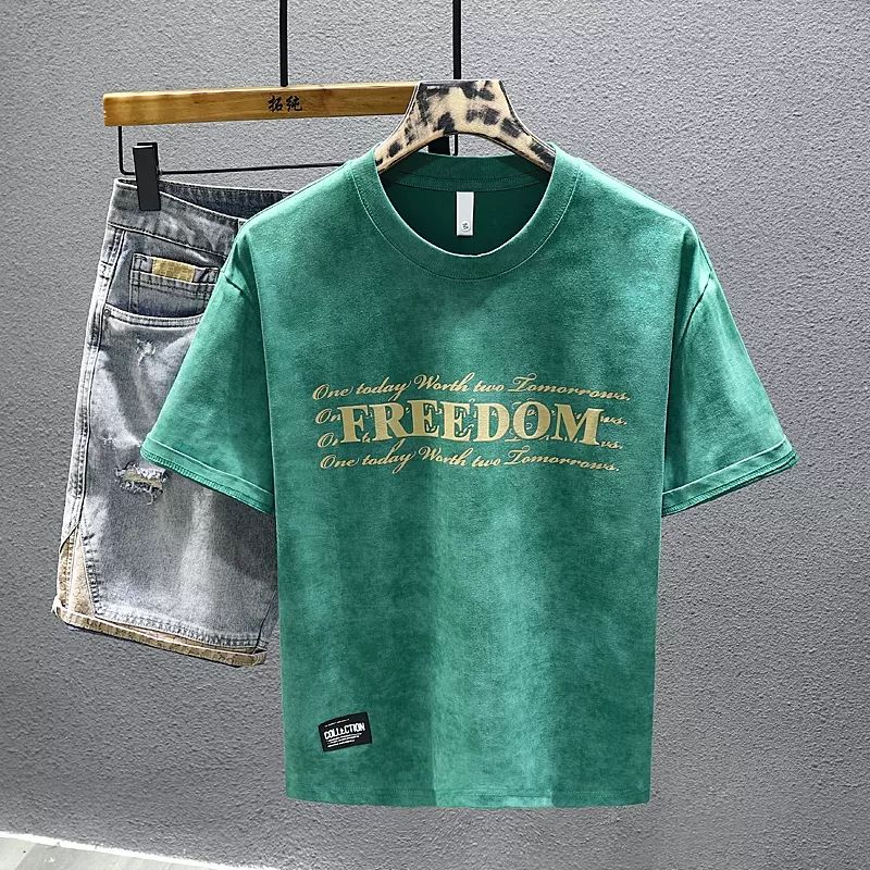 2024 new high-end short-sleeved t-shirt men‘s summer heavy pure cotton knitted t-shirt slim-fit half-sleeve cloud dyed fashion