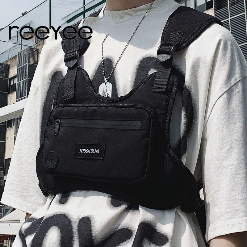 reeyee fashion brand combat bag function vest bag casual cool men‘s shoulder bag men‘s chest bag carrying backpack