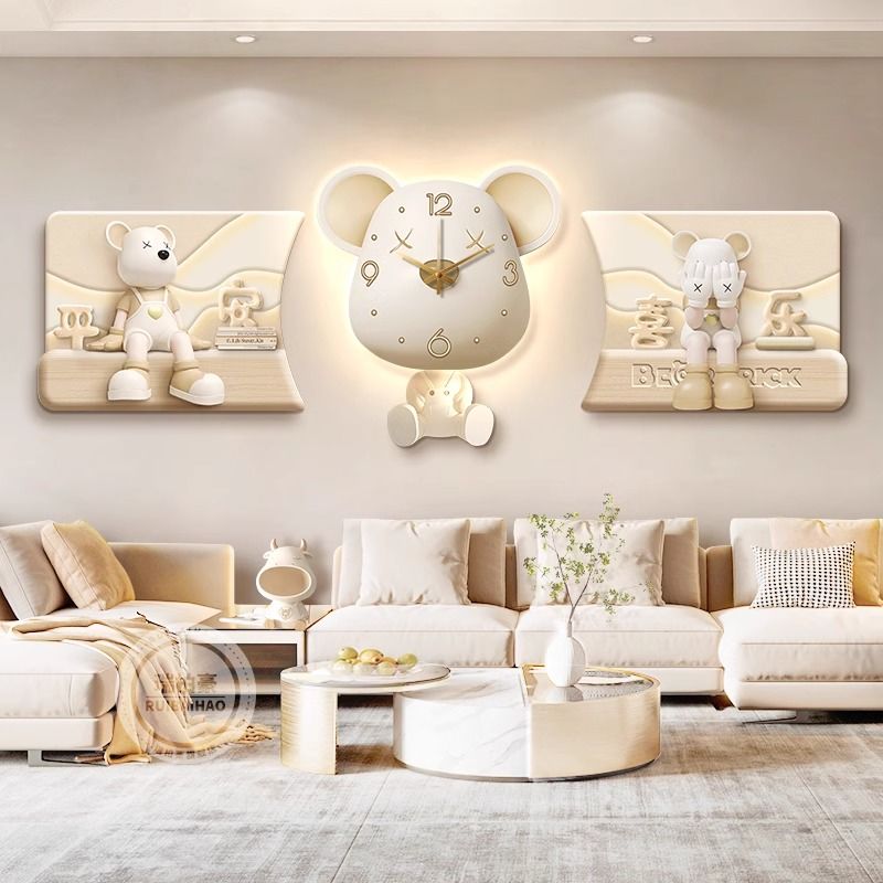 cream style living room decorative painting french violent bear sofa wall painting high-grade clock mural three-piece painting