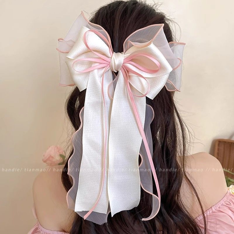 oversized jasmine white mesh bow ribbon hairpin women‘s back head 2024 new spring and summer high-grade spring clip