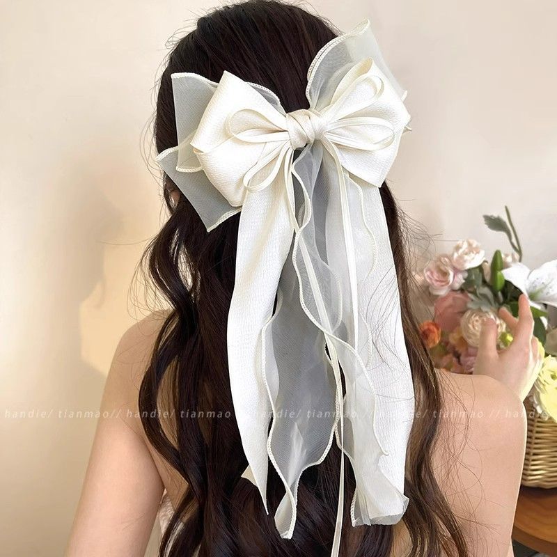 oversized jasmine white mesh bow ribbon hairpin women‘s back head 2024 new spring and summer high-grade spring clip