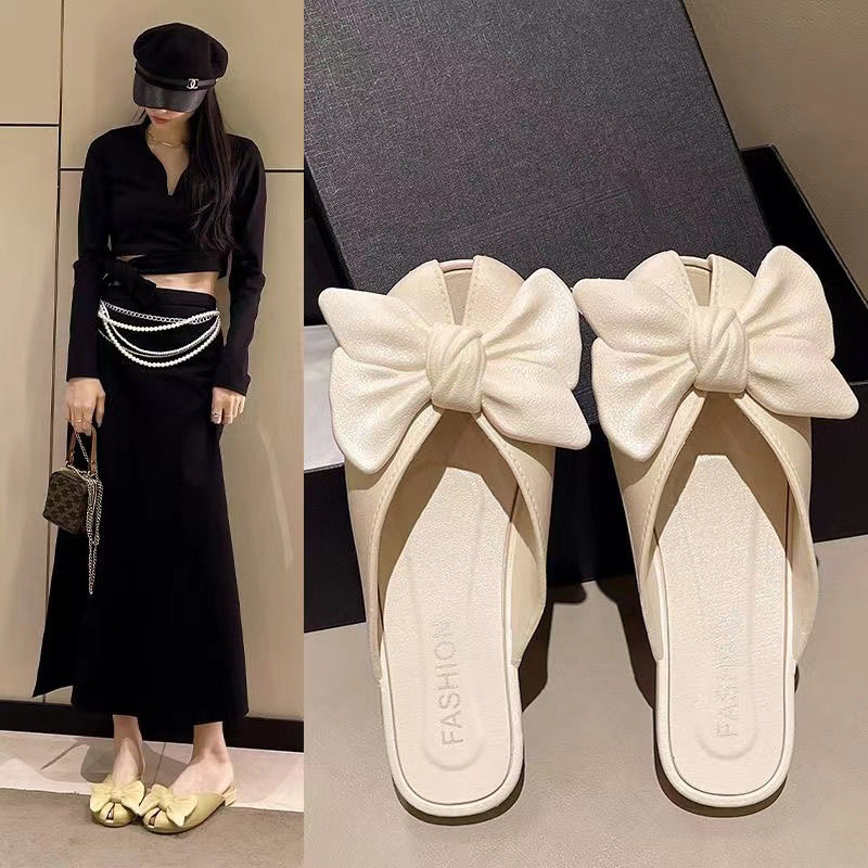 french style lazy pump slippers women‘s bow 2024 new summer niche fairy flat elegant sandals