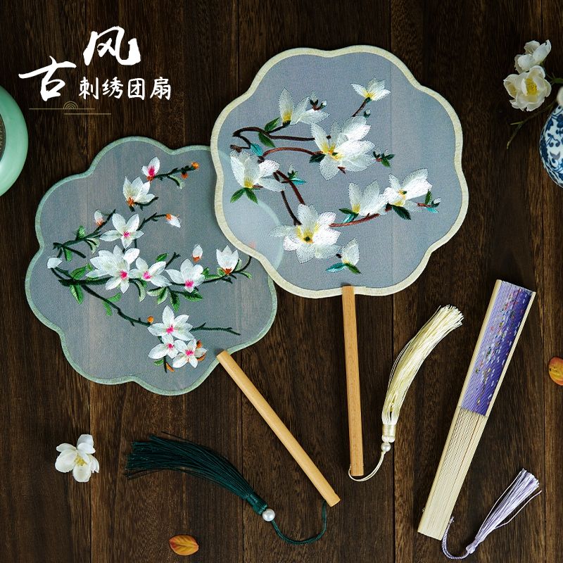 ancient style semi-transparent circular fan chinese style han costume long handle embroidery fan cheongsam dance fan ancient costume ancient chinese style fan