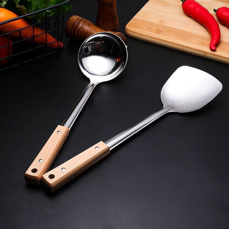 spatula household food grade stainless steel spatula anti-scald spoon wooden handle shovel spoon hand shovel kitchenware suit